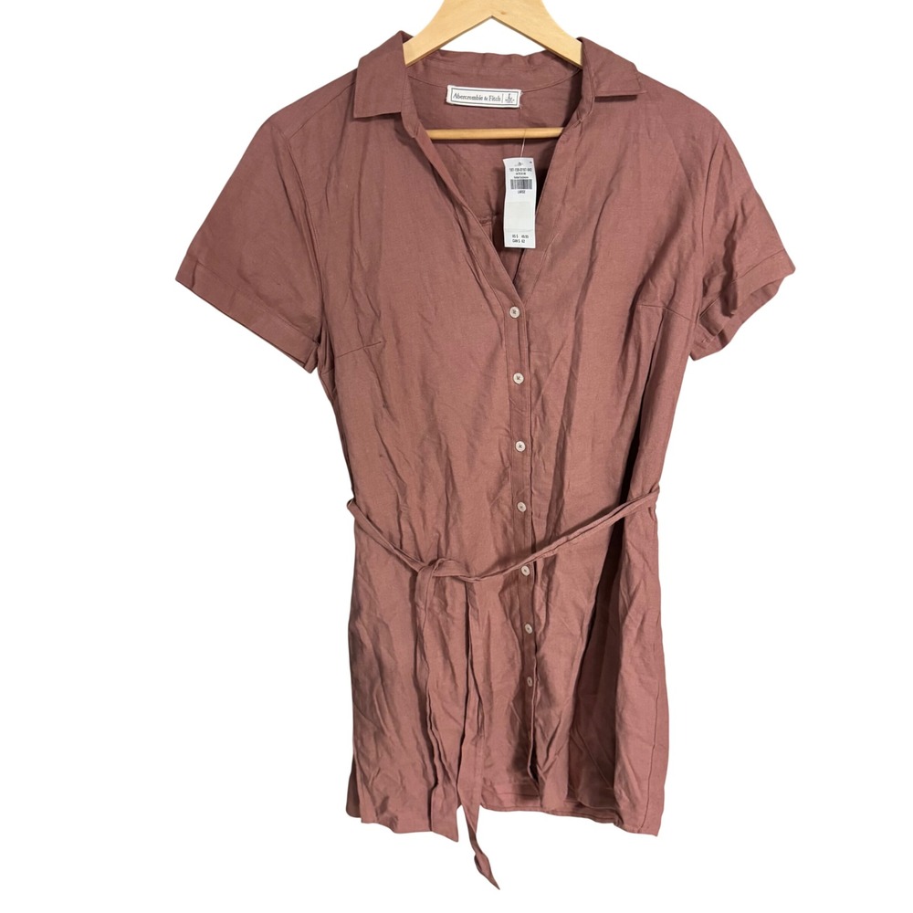 Abercrombie & Fitch Linen Blend Button Front‎ Belted Shirt Dress Rose Pink Large